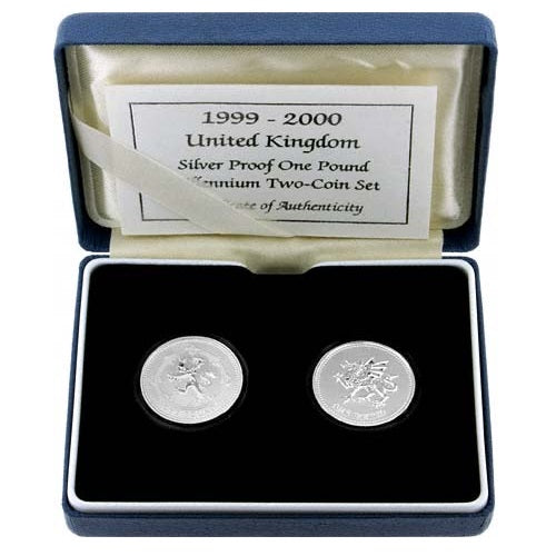 Millennium Two Coin Set 1999-2000 £1 Coins 925 Silver 19g Preowned