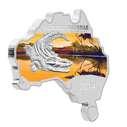 2014 Australian Map Shaped Crocodile Silver 999. 1oz Coin Preowned