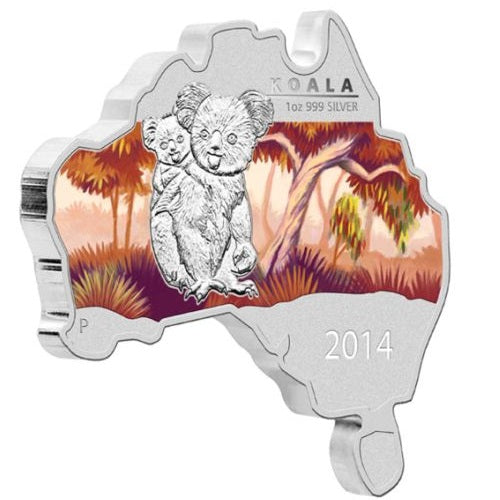 2014 Australian Map Shaped Koala Silver 999. 1oz Coin Preowned