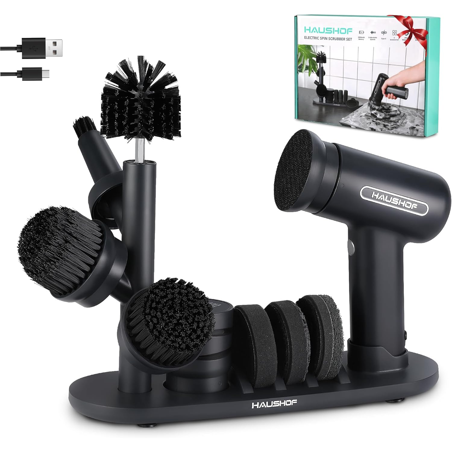 HAUSHOF Cleaning Electric Spin Scrubber with 7 Brush Heads Grade A Preowned