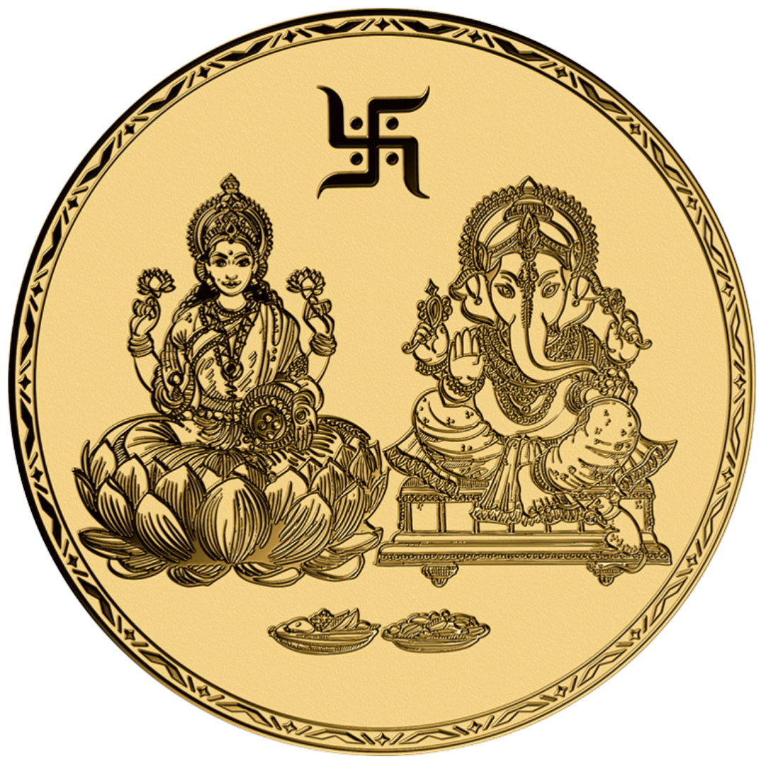 Close-up of the Lakshmi and Ganesh gold coin design with swastika and diyas