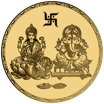 Close-up of the Lakshmi and Ganesh gold coin design with swastika and diyas