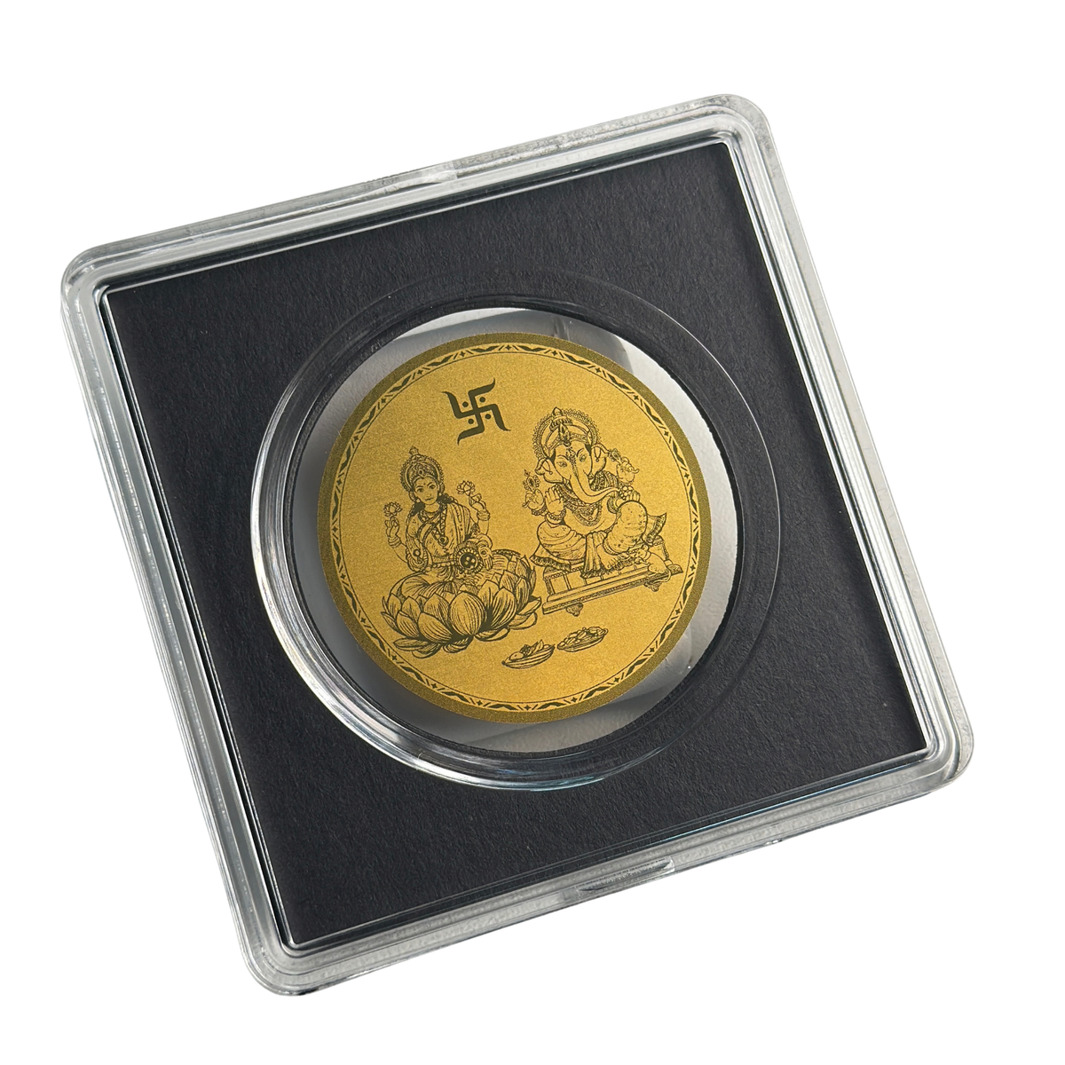 Lakshmi and Ganesh gold coin front, sealed in a clear capsule