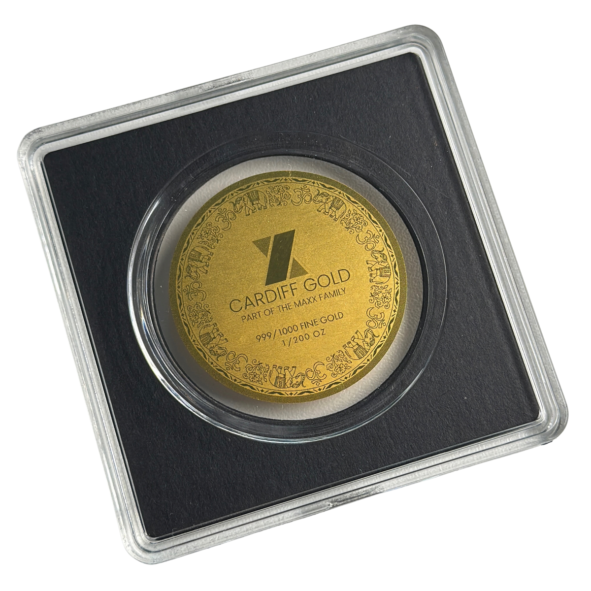 Cardiff Gold 1/200oz gold coin reverse in a clear capsule