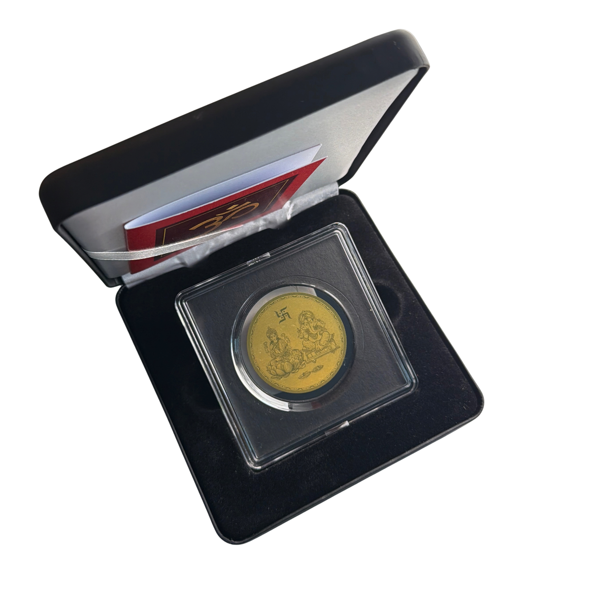 Lakshmi Ganesh gold coin gift box with capsule and certificate card