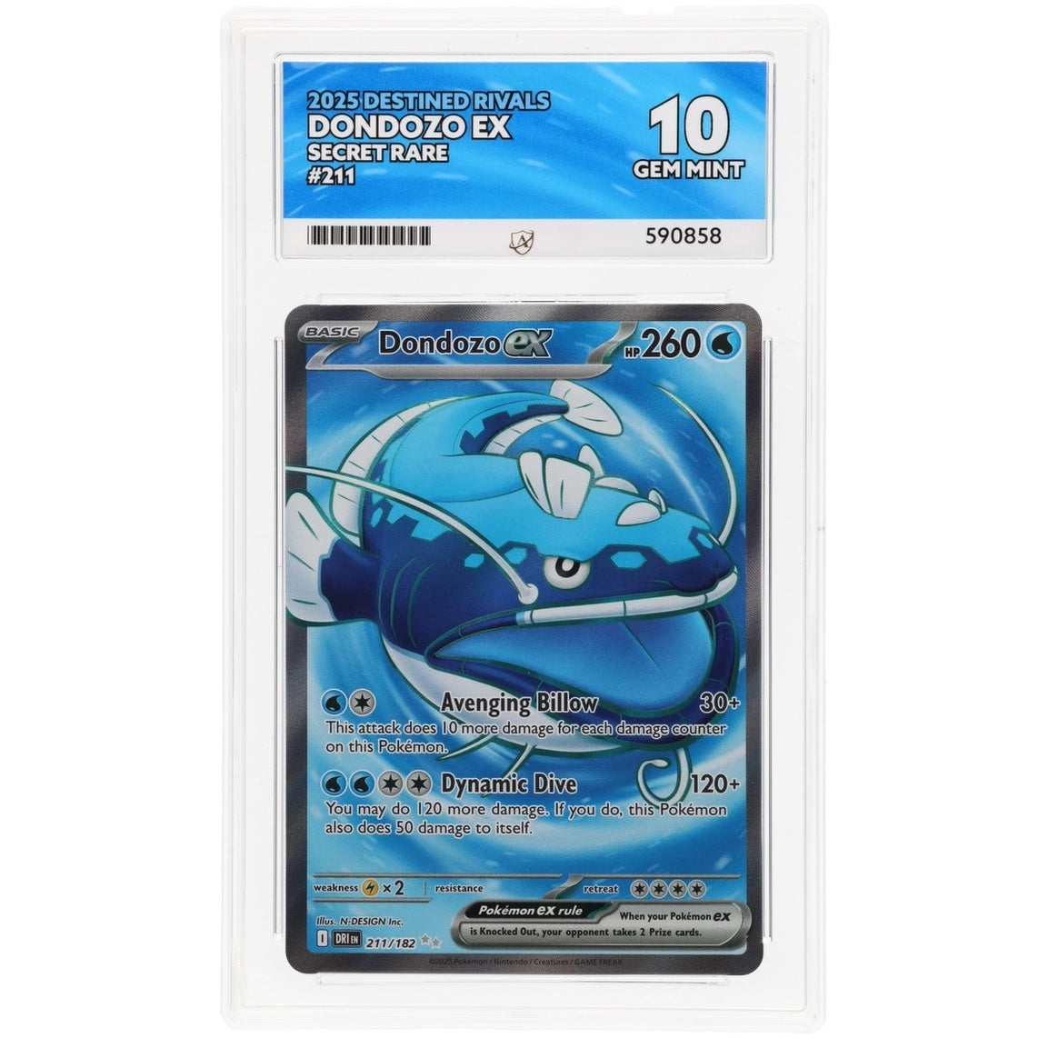 2025 Pokemon Destined Rivals Dondozo Ex Secret Rare 211/182 Ace Gem Mint 10 Preowned