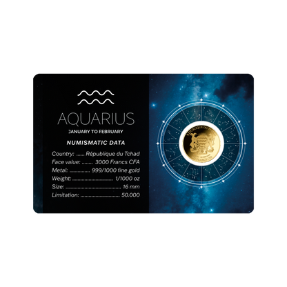 Zodiac Aquarius Coin Card 999/1000 1/1000oz - Gold Gift