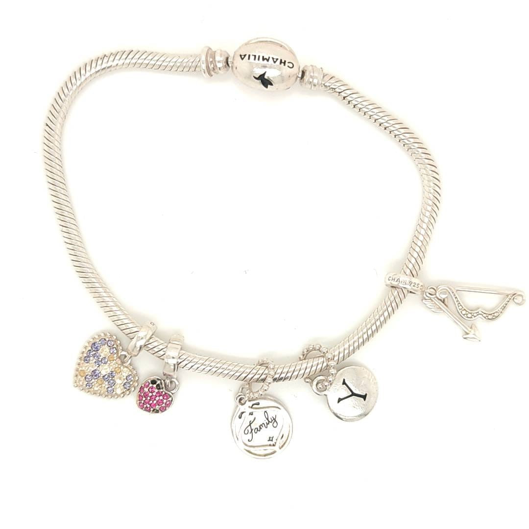 925 Silver Charm Bracelet With Charms 7" 20g Preowned