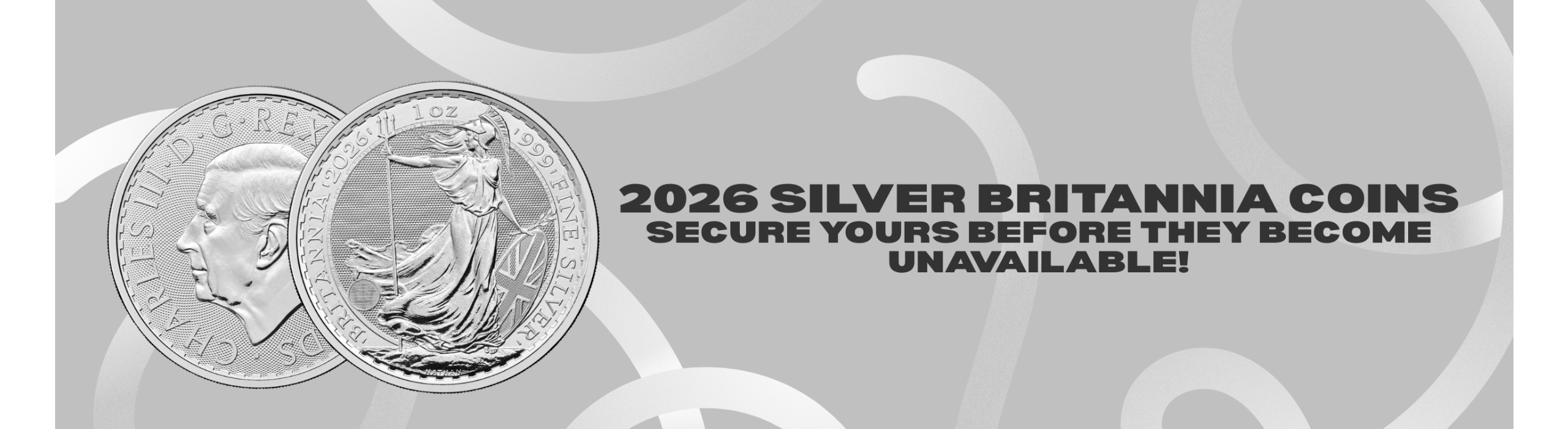 Two silver coins with a gray background and text about 2026 Silver Britannia coins.